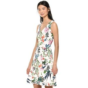 Taylor Sleeveless Tropical Print Flounce Hem Dress